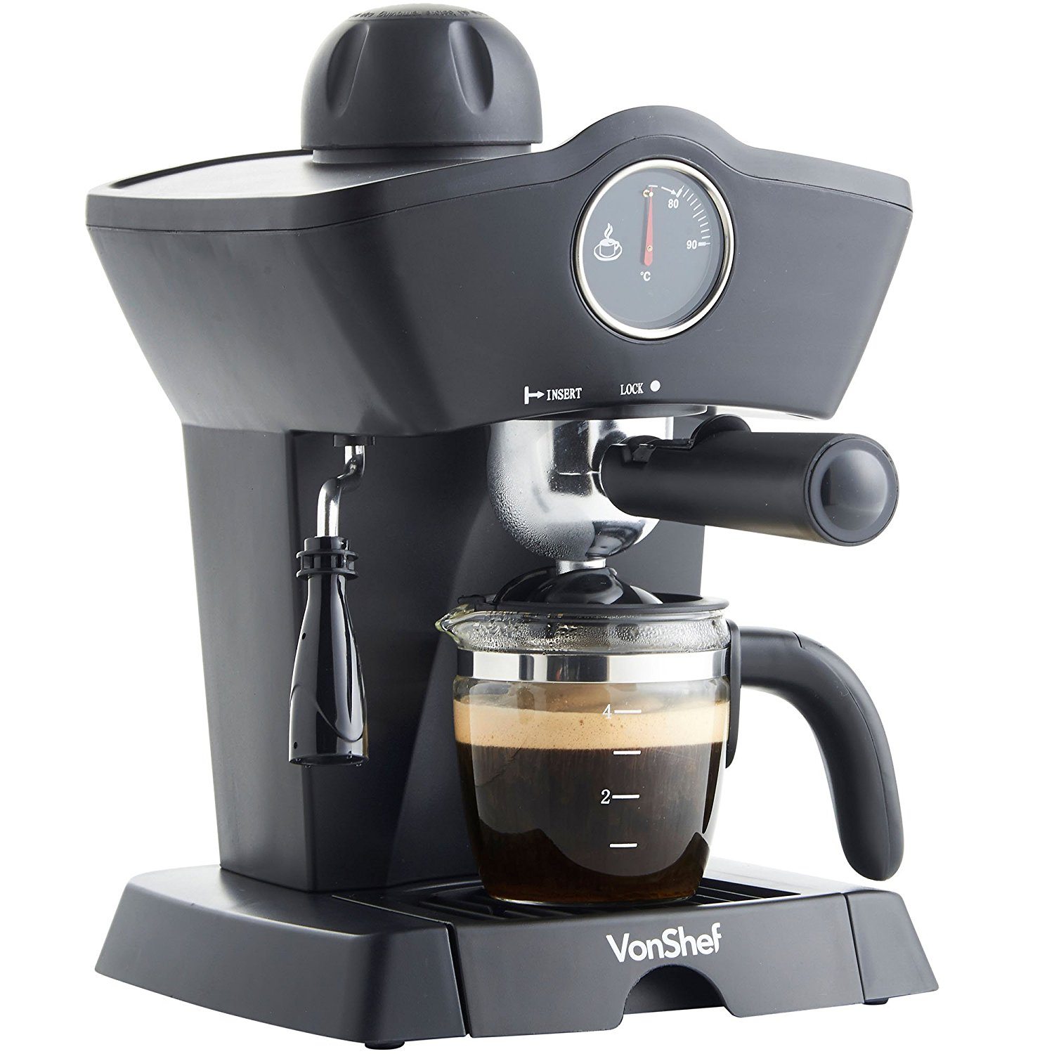VonShef 4 Bar Espresso Coffee Maker Machine Black