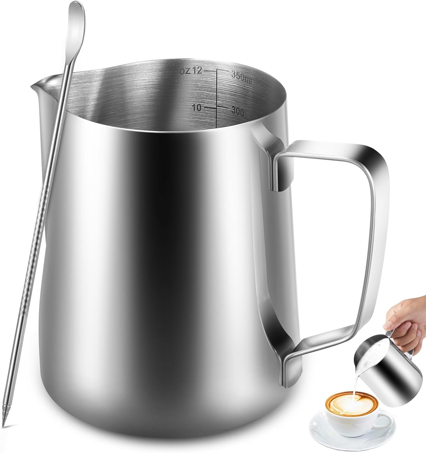 Anpro Milk Jug 350ml/12 fl.oz, 304 Stainless Steel Milk Pitcher, Milk Frothing Jug for Making Coffee Cappuccino