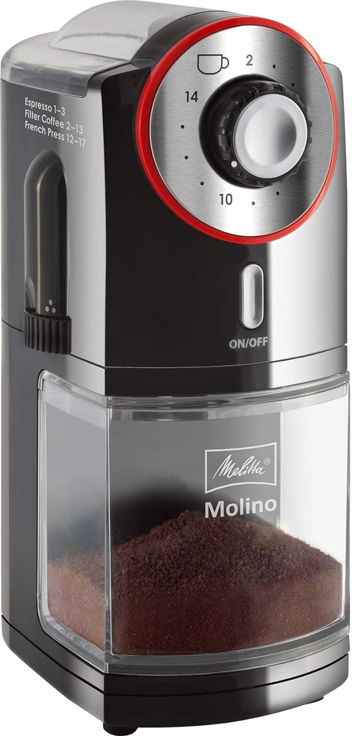 Melitta Molino Coffee Grinder, 1019-01, Electric Coffee Grinder, Flat Grinding Disc, Black/Red, CD - Molino - red mat