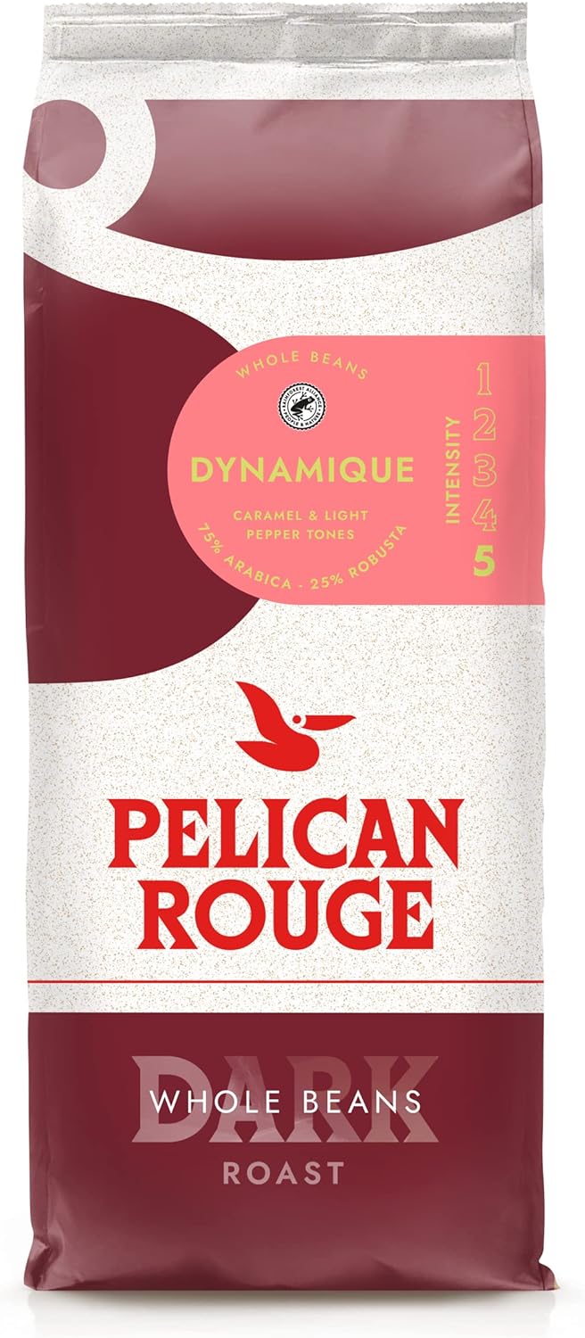 Pelican Rouge DYNAMIQUE Whole Dark Roasted Coffee Beans | 75 percent Arabica | Rainforest Alliance Certified | New 2023 blend | 1kg bag | Fully-recyclable packaging