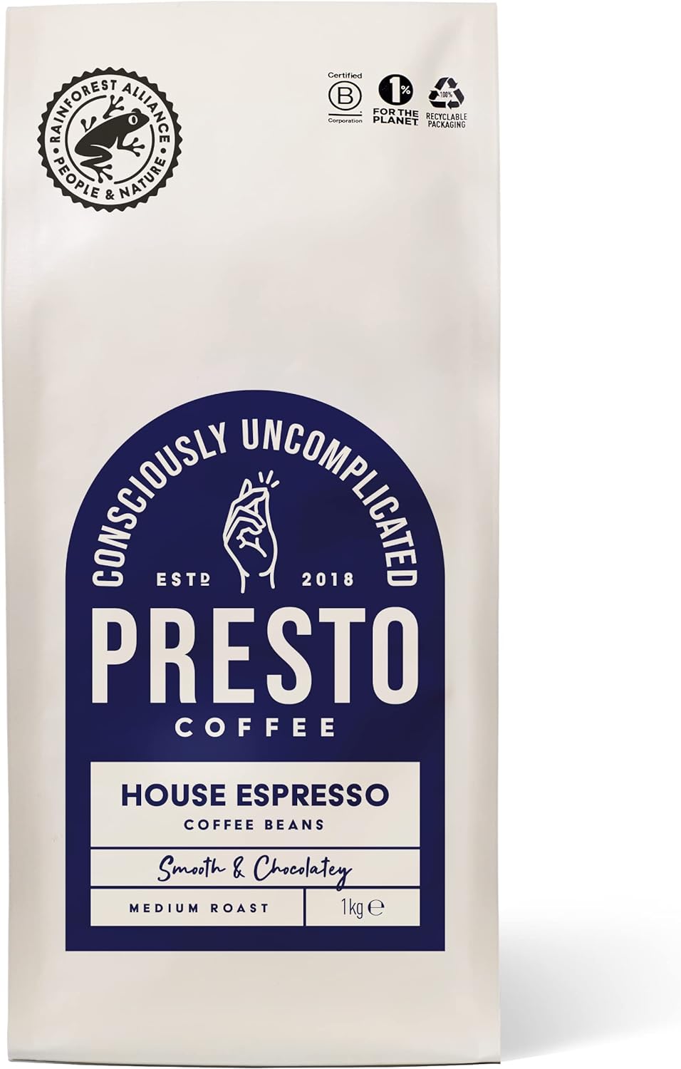 Presto Coffee House Espresso Speciality Coffee Beans 1kg Medium Roast (4/5) Tasting Notes of Chocolate and Almond Rain Forest Aliance Certifed 100% Arabica